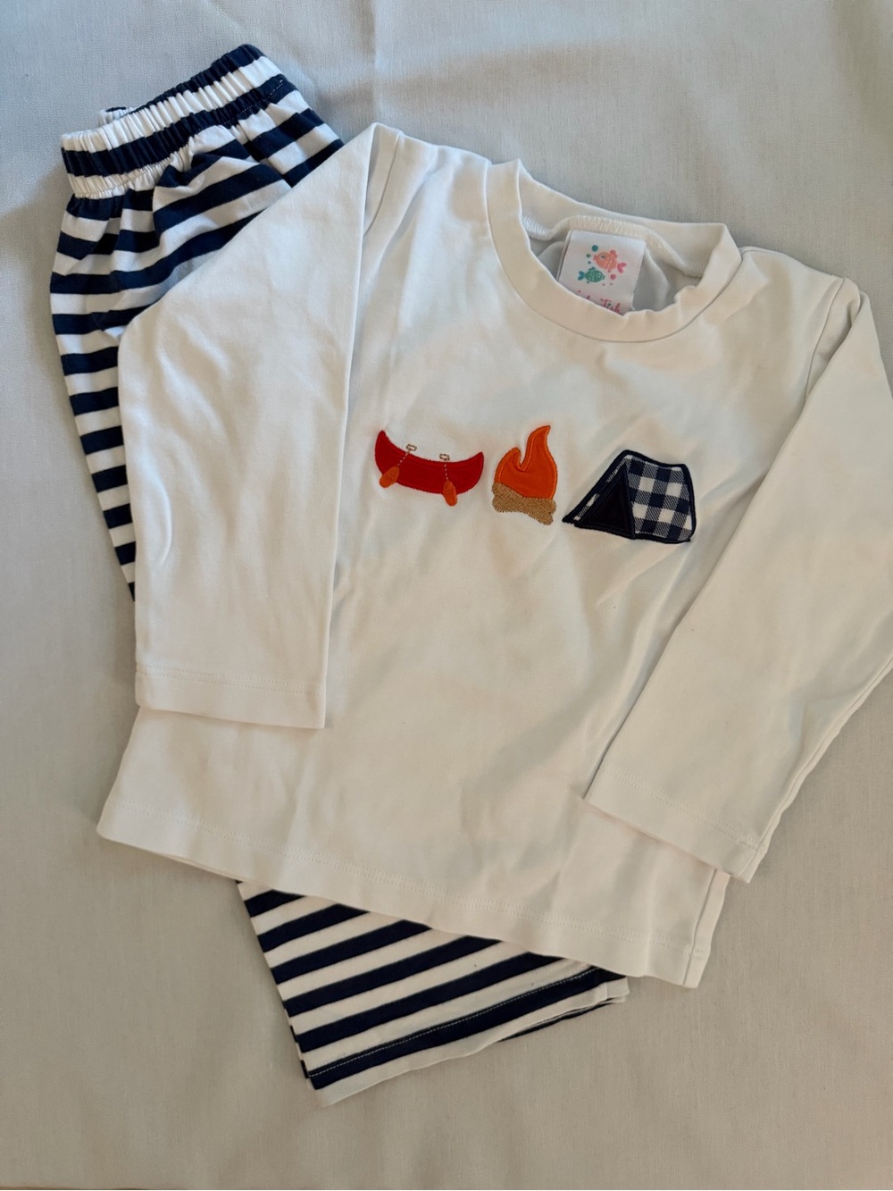 Stitchy Fish Kids with Navy Stripes and Camping Appliqué